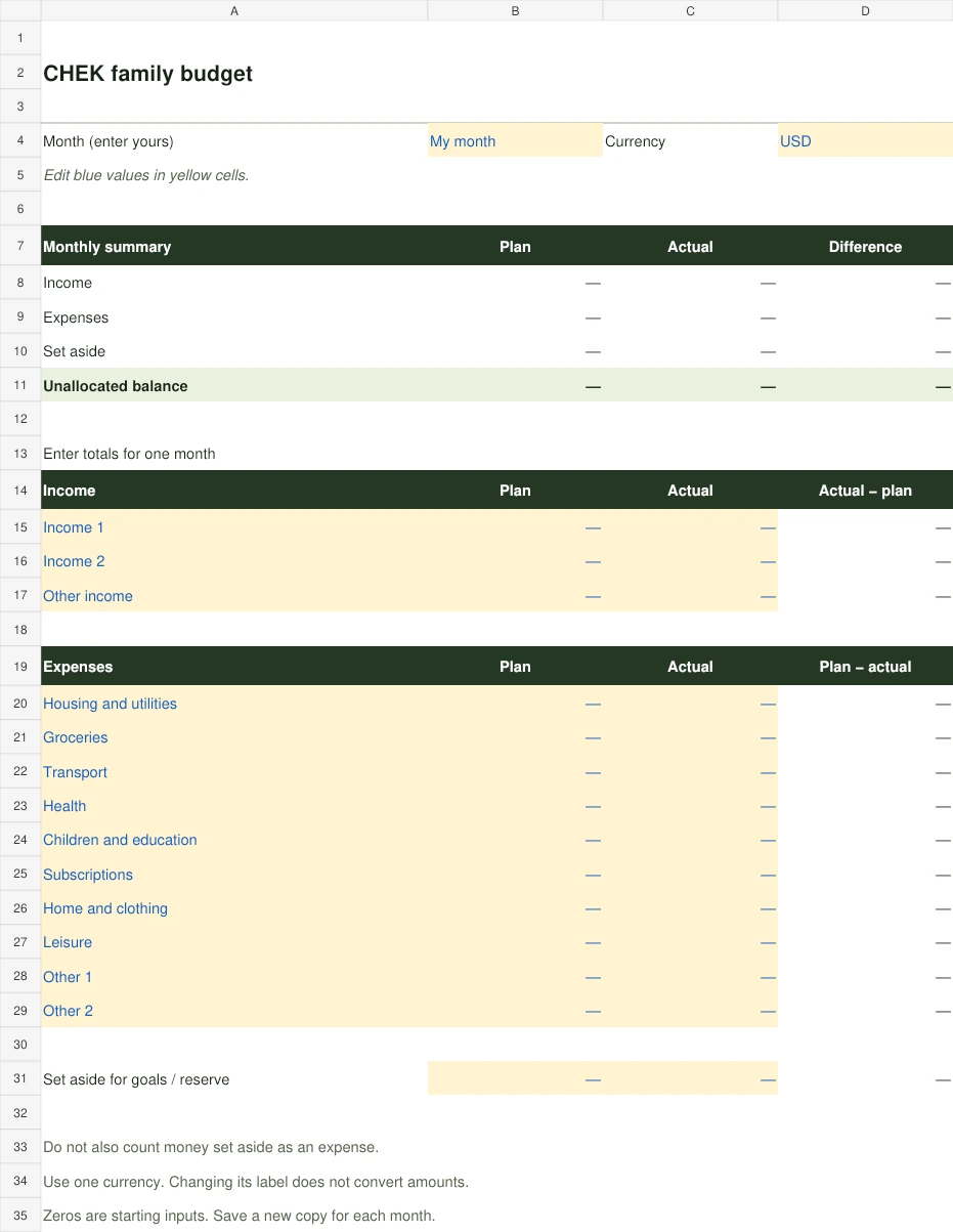 Excel preview showing plan, actuals, income and expense categories